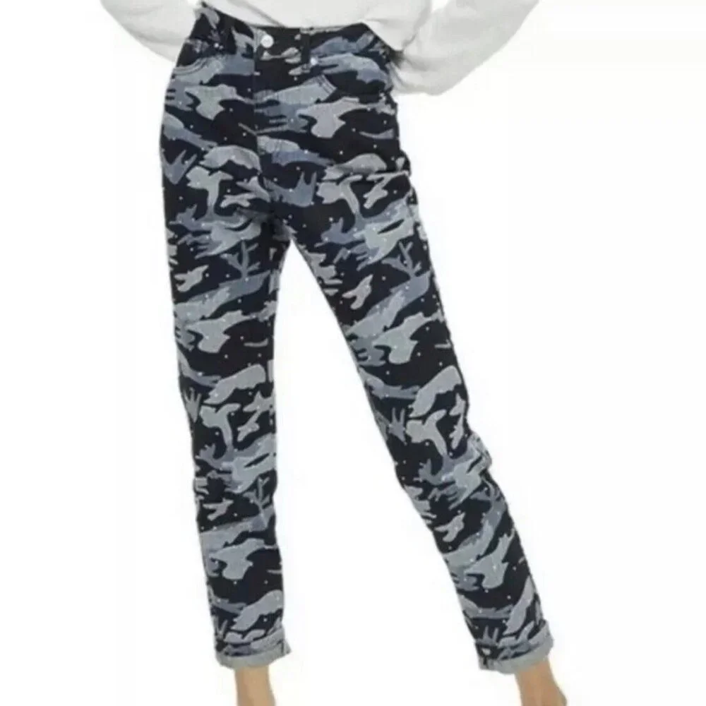 Topshop NEW Moto Mom Jeans High Waisted Jewel Studs Camo Diamante Denim Women's - Picture 8 of 17